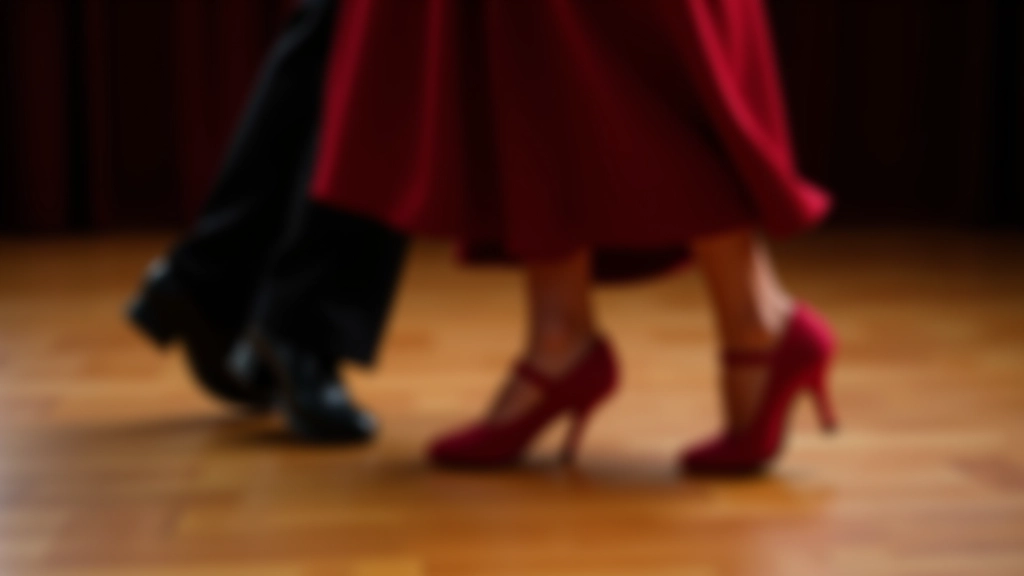Detalhe dos pés durante passo básico de salsa em estúdio profissional, mostrando posicionamento correto