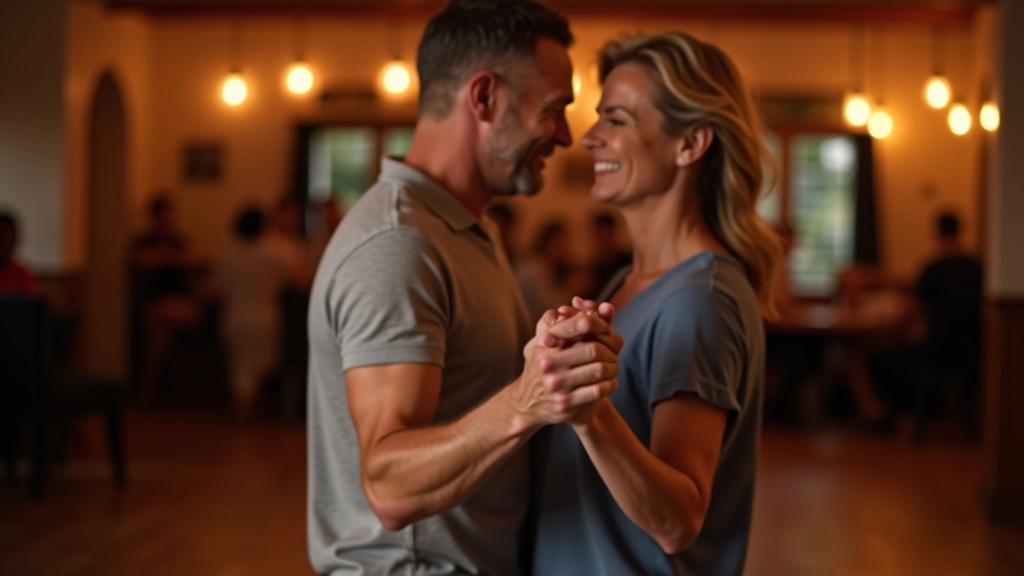 Casal de meia-idade a dançar salsa num ambiente acolhedor de estúdio, com sorriso e confiança