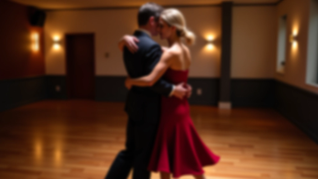 Casal de dançarinos adultos a dançar bachata com paixão num estúdio moderno