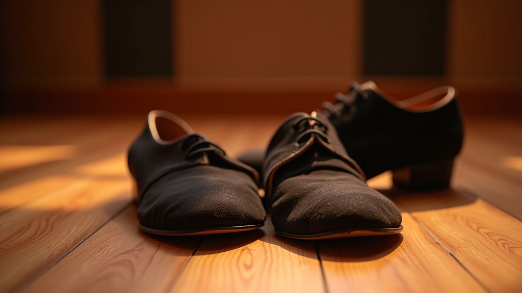 Sapatos de dança elegantes e roupa de dança dispostos num piso de madeira de um estúdio