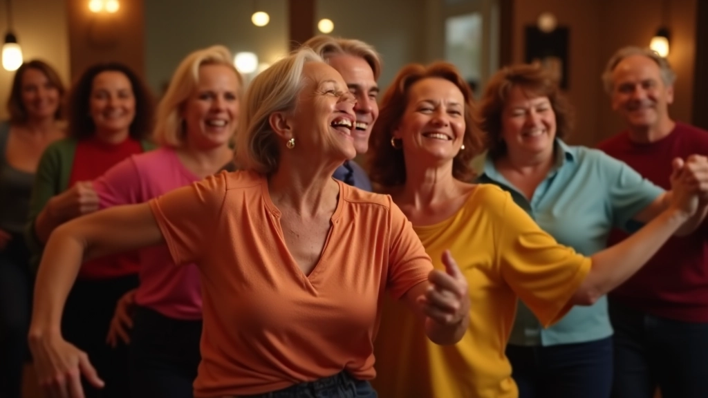 Grupo de dançarinos de salsa de diferentes idades a dançar juntos num ambiente festivo e acolhedor