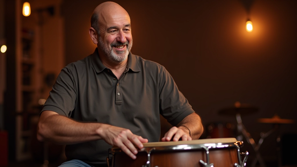 Músico tocando instrumentos de percussão de salsa num estúdio, demonstrando ritmo tradicional