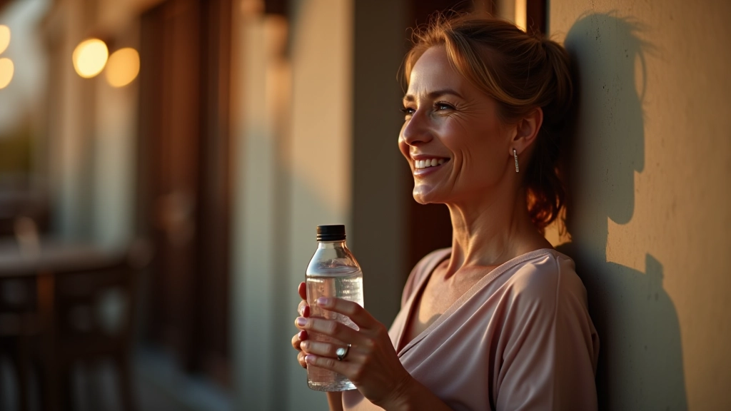 Rapariga madura a beber água depois de dançar num estúdio, com garrafa de água reutilizável, expressão feliz de alívio